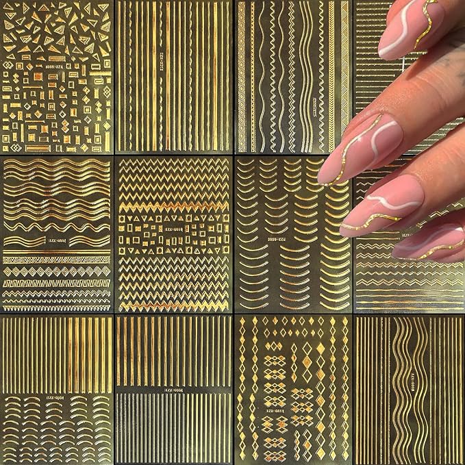12 Sheets Gold Nail Stickers, 3D Self-Adhesive Metal Geometric Stripe Wave Nail Sticker, Gold Nail Art Designs, Style-c
