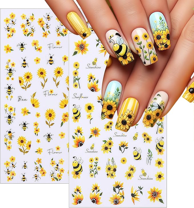 6 Sheets Bee Flower Nail Art Stickers 3D Self Adhesive Sunflower Stickers Yellow Floral Daisy Decals Spring Summer Nails Art Supplies Accessories for Women Girls DIY Manicure Decoration