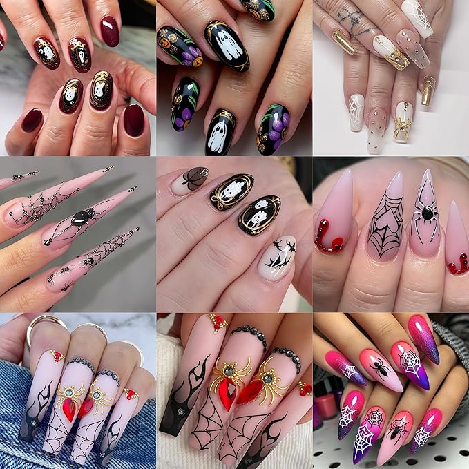 5D Halloween Nail Stickers Spider Ghost Nail Art Stickers Self-Adhesive 5D Engraved Retro Picture Frame Ghost Nail Decals Pegatinas Uñas Jelly Spider Nail Supplies for Women Nails Decorations 2Pcs