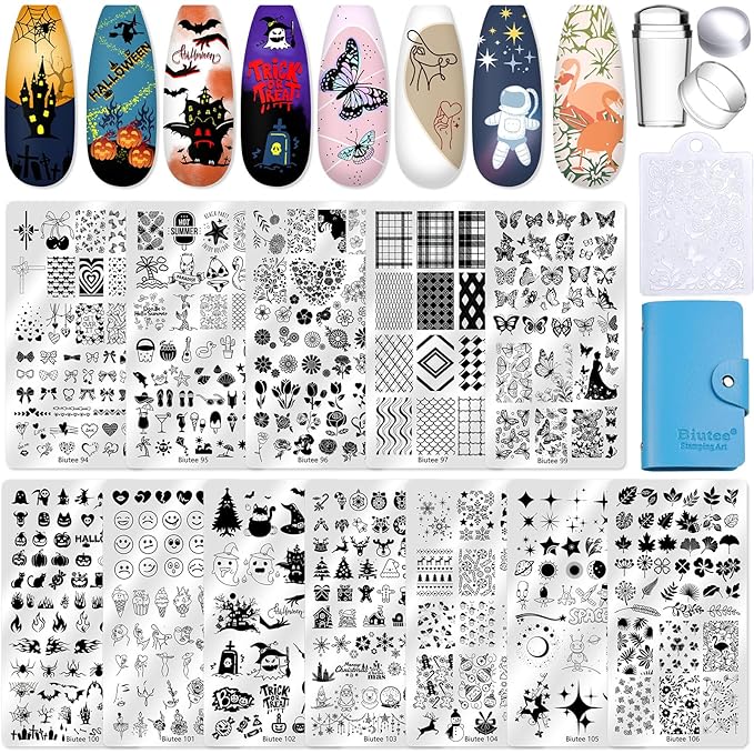 Biutee Nail Stamping Plate 16Pcs Nail Stamper Kit 12Pcs Nail Art Stamp Plates with Silicone Stamper, Scraper & Storage Bag, Stamping Plates Star Plaid Flower Butterfly Template Halloween Design Gift