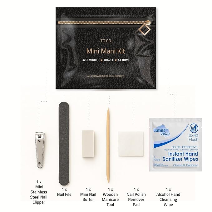 Mini Mani Kit – Disposable Manicure Set with Nail Clipper, File, Buffer, Cuticle Stick & Polish Remover Pad – Compact One-Time Use Nail Care Kit for Travel, Purse, Desk, or Car (Black Purse)