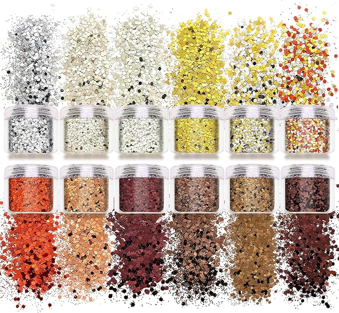 Laza Autumn Nail Glitter, 12 Colors Acrylic Nails Art Glitter Powder Sequin, Retro Copper Iridescent Flake Paillette Sparkle Tip 120g for Gel Polish, Face, Eyes, Body, Hair, Jewelry, Resin -Golden Age