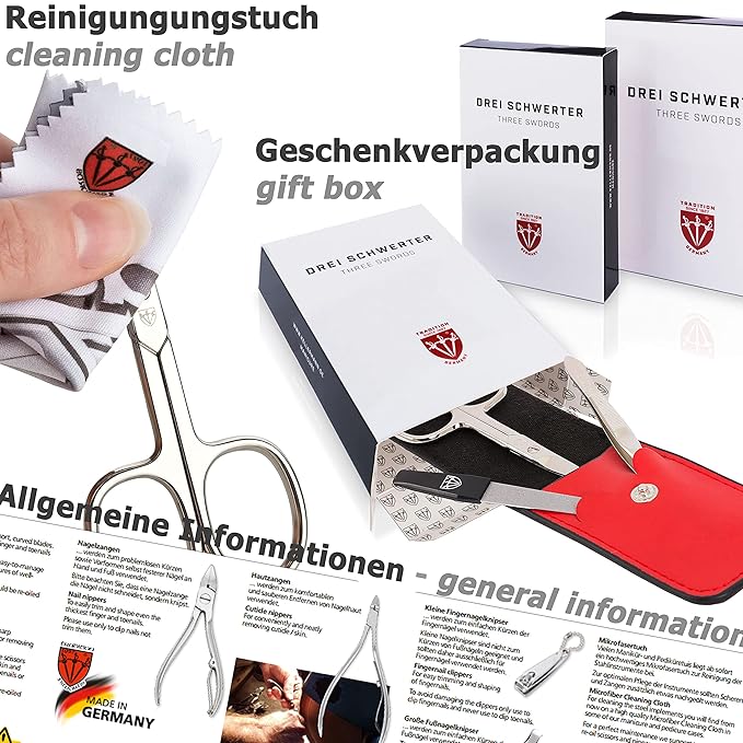 3 Swords Germany - brand quality 5 piece manicure pedicure grooming kit set for professional finger & toe nail care scissors clipper genuine leather white case in gift box, Made in Germany