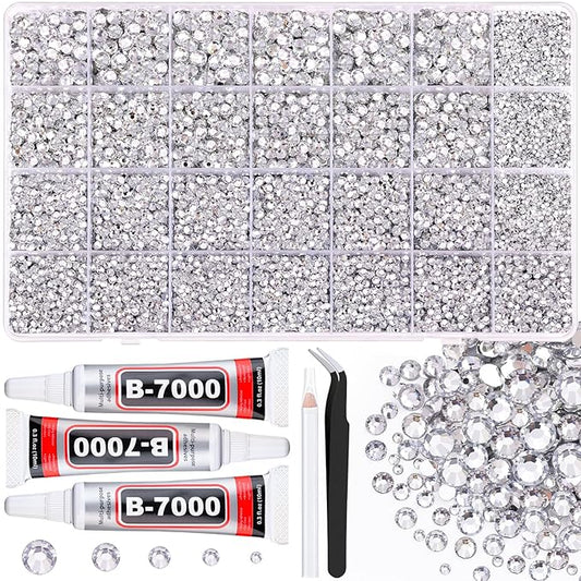 32000Pcs Resin Rhinestones for Bedazzling with 3Pcs B7000 Jewelry Glue, Clear Flatback Gems Rhinestones for Crafting, Clothing Tumblers Mugs Shoes Fabric Decor Nail Art