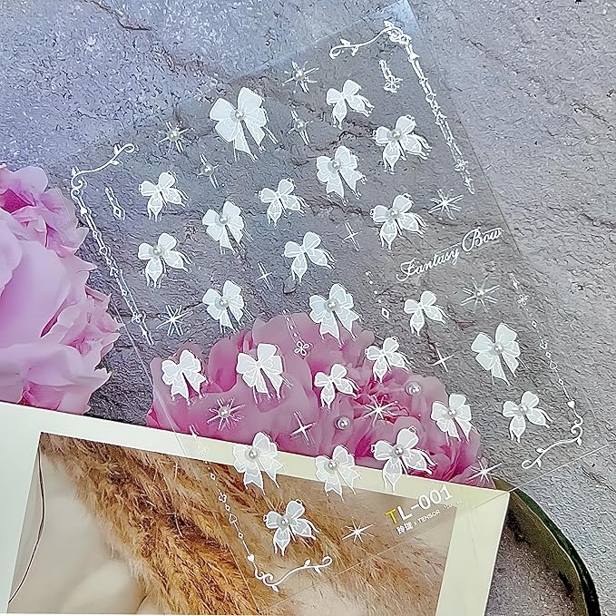Lace Bow Nail Art Stickers 5D Embossed White Lace Pearl Bow Nail Stickers Cute Bow Pearl Rhinestone Design Women Girls DIY Nail Art Decoration 1 Sheet