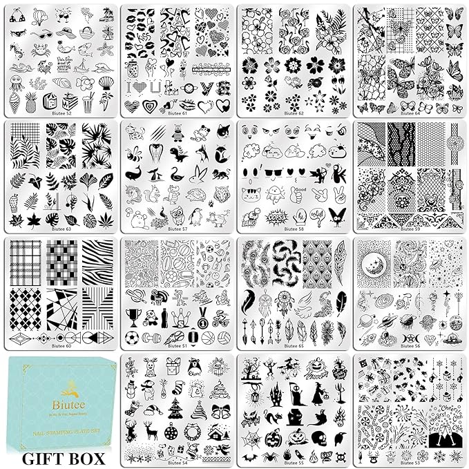 Biutee Nail Stamping Plates Set 15PCS Nail Art Stamper Scraper Nail Art Stamping Kit with Storage Bag Gift Box Nail Stamp Template Kit Lace Flower Butterfly Star Christmas Halloween Holiday Design
