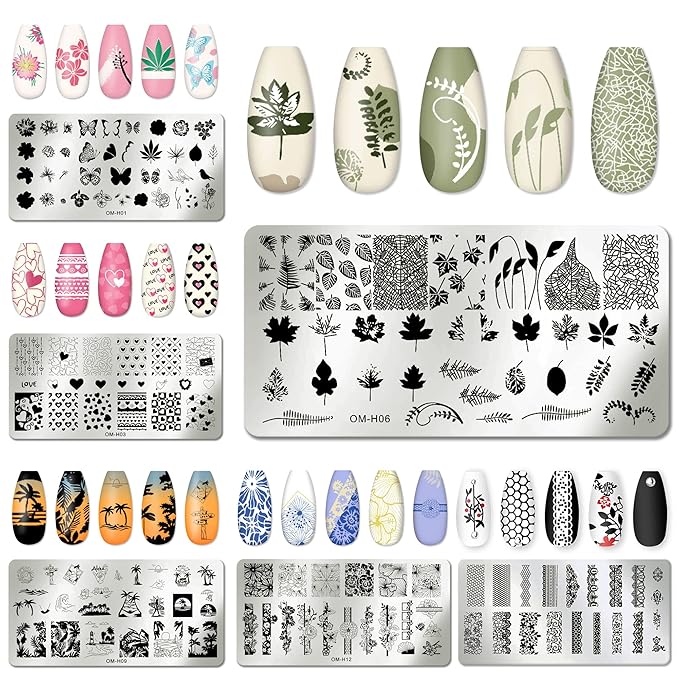 AddFavor Nail Art Stamper Kit 6pcs Flower Heart Leaf Lace Butterfly Stamping Plate Template with Silicone Nail Stamper and Scraper for Women Girls DIY Fingernail Manicure Stencils Tools