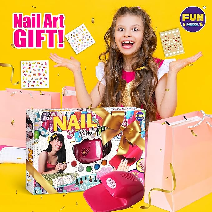 Kid Nail Art Kit for Girls, FunKidz Nail Studio Kits Size 17.91Wx12.4L with Peelable Nail Polish Nail Dryer Teens Makeup Mani Pedi Set Spa Party Gift