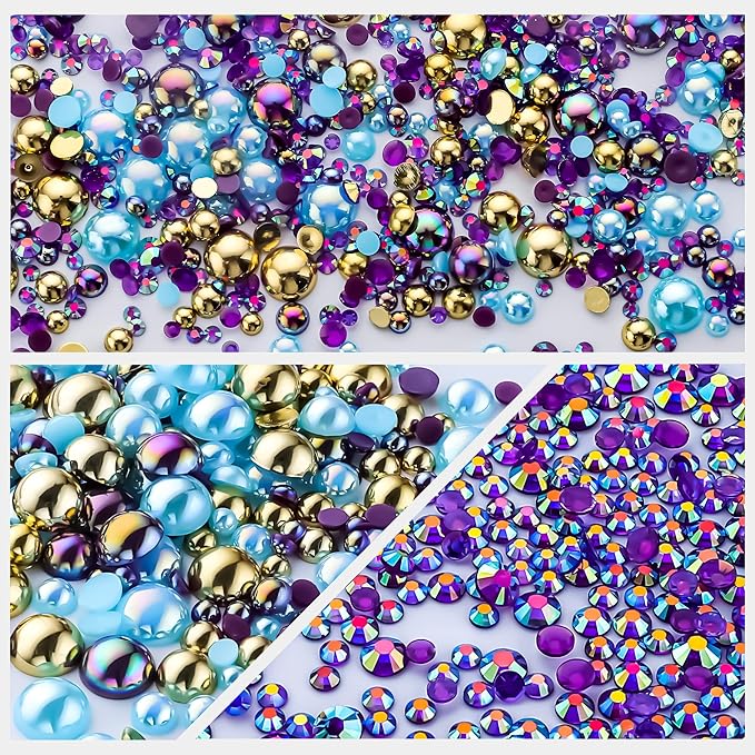 60g Gold Aquamarine Pearls Rhinestones for Crafts Mixed Size 3mm-10mm AB Color Round Half Pearls Flatback Pearl Beads and Resin Rhinestones Set for Face Art with Gel