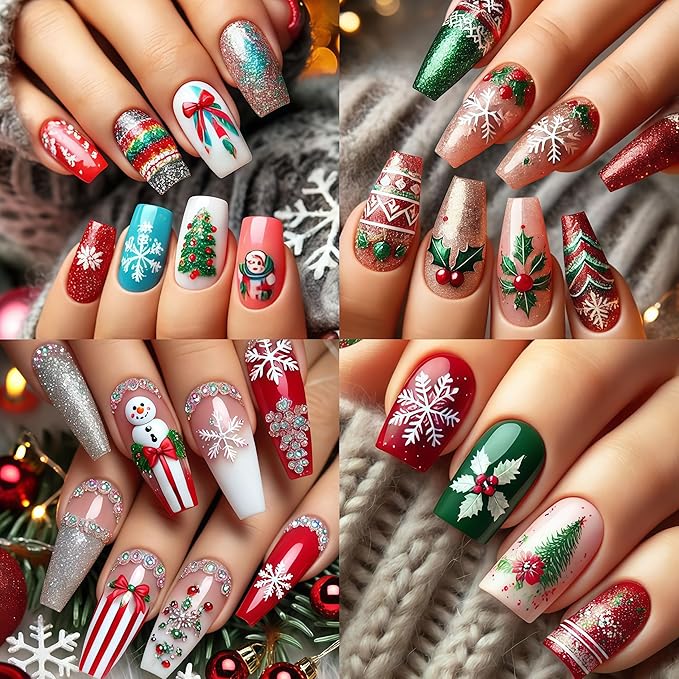 4 Sheets Green Christmas Nail Art Stickers 5D Micro Relief Holly Leaf Bow Nail Decals Winter Xmas Red Bow Holly Nail Stickers White Snowflake Nail Supplies for Women Holiday New Year Charms Nail Decor