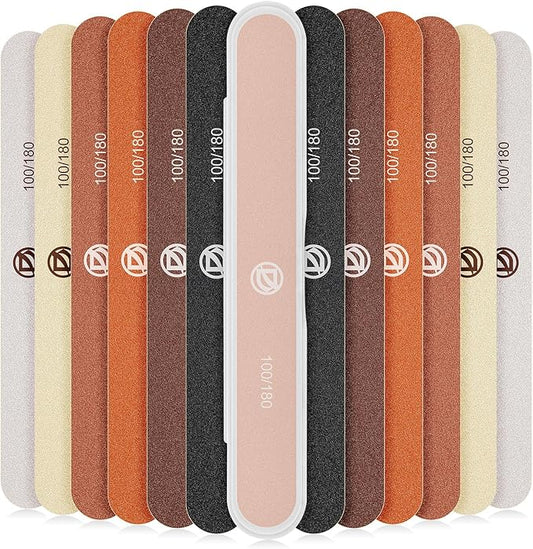 Nail Files 12-Pack 100/180 Grit Emery Board for Natural Nails, Double Sided Buffer with Portable Case for Natural & Acrylic Nails, Professional Fingernail Filer Millard