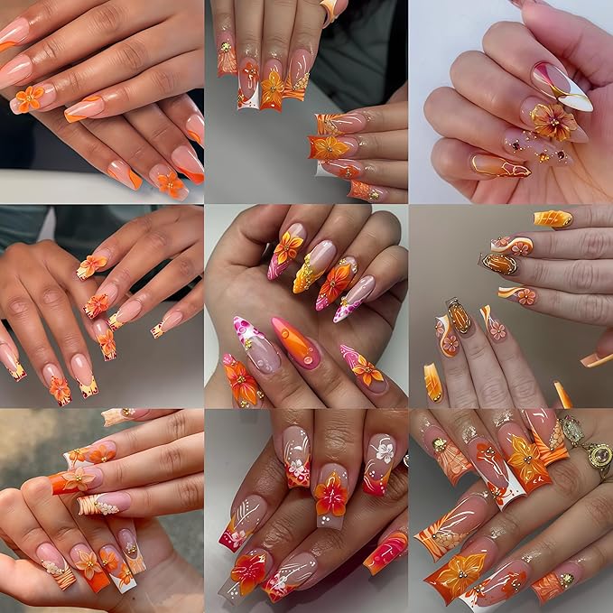 4sheets 5D Embossed Flower Nail Art Stickers Self Adhesive Fall Yellow Flowers Nail Stickers Autumn Orange White Daisy Nail Decals Orange Petal Daisies Nails Supplies for Women Manicure Accessories