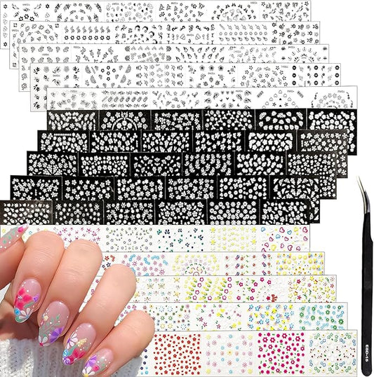 90 Sheets Flower Nail Art Stickers Decals 3D Self-Adhesive Daisy Cherry Blossoms Flower Nail Sticker Black White Colorful Floral Nails Supplies for Women Girls Manicure Decoration with Nail Tweezer