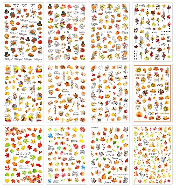 12 Sheets Fall Thanksgiving Maple Leaf Nail Art Stickers Decals Self Adhesive Pegatinas Uñas Autumn Pumpkin Leaves Design Manicure Tips Nail Decoration for Women Girls