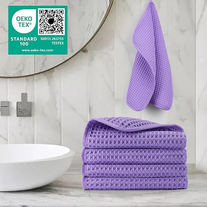 POLYTE Microfiber Lint Free Washcloth Face Towel, 13 x 13 in, 4 Pack (Waffle Weave)