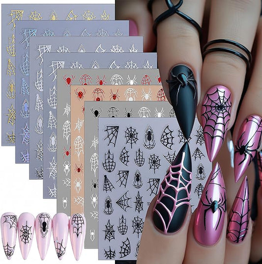 8 Sheets Halloween Nail Art Stickers 3D Self-Adhesive Spider Web Nail Stickers White Black Red Gold Laser Silver Spider Design Nail Decals for Women Girls Scary Halloween Manicure Decoration
