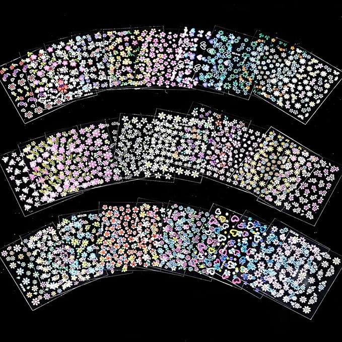 Colorful Cute Daisy, Floral, Heart, Flower Nail Art Stickers Decals, 3D Self Adhesive Supplies, Design Decoration Accessories for Women and Girls, 30 Sheets