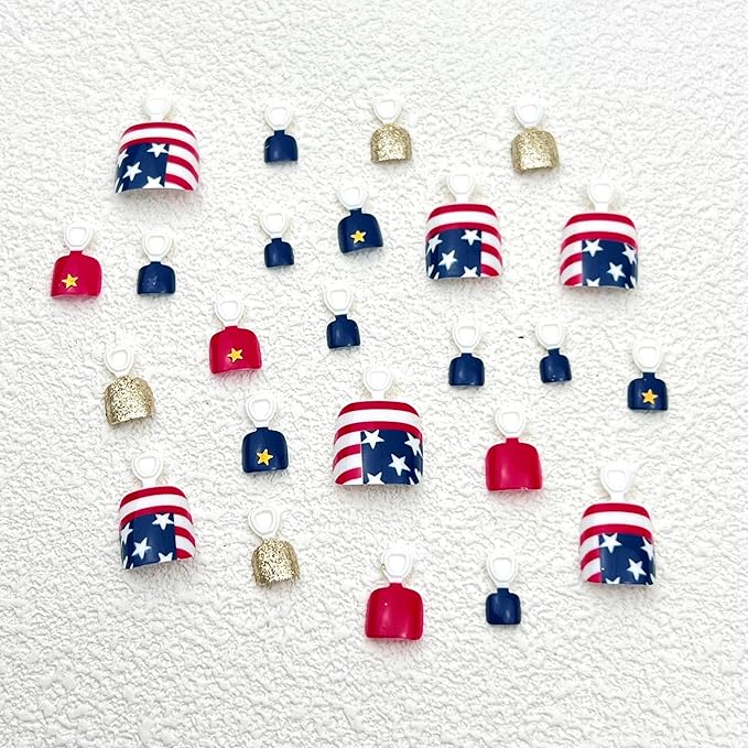 Fourth of July American Flag Press-On Toenails Short Square False Toenails Independence Day Glitter Full Coverage False Toenail Stickers Women Girls Independence Day Nail Art Decorations 24 Pieces