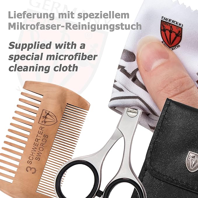 3 Swords Germany – professional BEARD MUSTACHE HAIR SCISSORS with BEARD COMB, stainless steel, straight blade, sharp, with black case