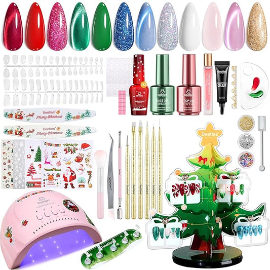 Beetles 67Pcs Gel Nail Kit Crystal Christmas Gifts for Women Teen Girls - 12 Colors Cat Eye Red Glitter Gel Polish Kit with U V Light & Nails Stand Acrylic Holder Display Nails Stuff Manicure Set