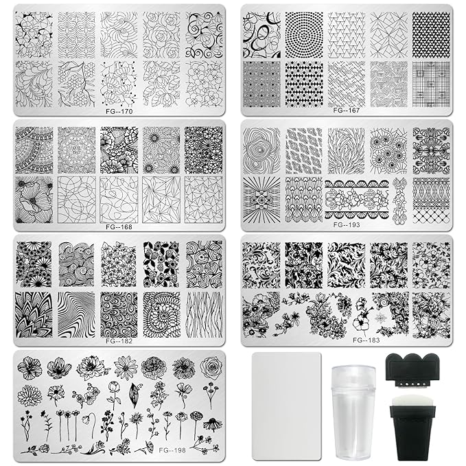 AddFavor Nail Stamper Kit 7pcs Nail Stamping Plates Geometric Mandala Flower Nail Stencils with 2 Stamp and 2 Scraper for Home Salon Manicure Design Supplies Tools