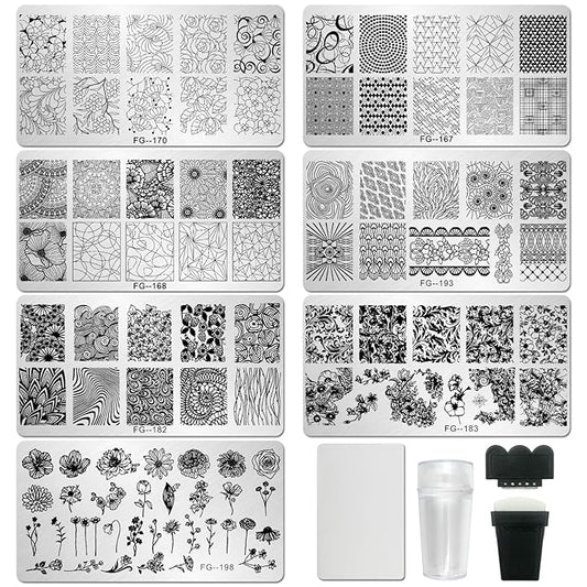 AddFavor Nail Stamper Kit 7pcs Nail Stamping Plates Geometric Mandala Flower Nail Stencils with 2 Stamp and 2 Scraper for Home Salon Manicure Design Supplies Tools
