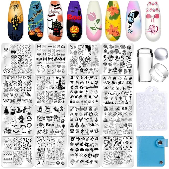Biutee Nail Stamping Plate 20Pcs Nail Stamper Kit 16Pcs Nail Art Stamping Plates with Silicone Stamper, Scraper & Storage Bag, Stamp Plates Star Plaid Love Leaf Template Halloween Design Gift