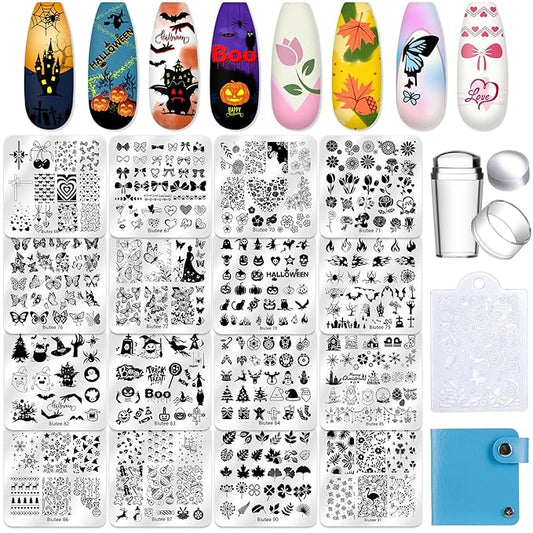 Biutee Nail Stamping Plate 20Pcs Nail Stamper Kit 16Pcs Nail Art Stamping Plates with Silicone Stamper, Scraper & Storage Bag, Stamp Plates Star Plaid Love Leaf Template Halloween Design Gift