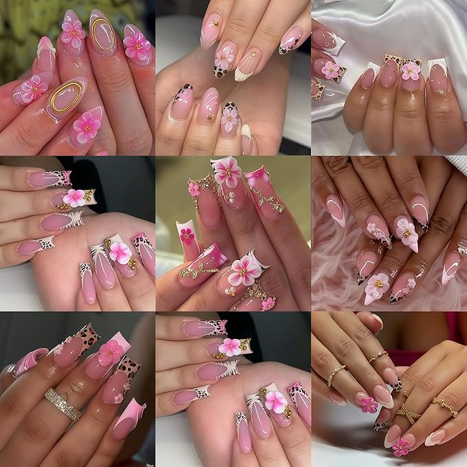 4 Sheets Flower Nail Art Stickers Decals 5D Embossed Flower Leopard French Line Nail Decals Pink Floral Leopard Nail Art Design Pink Flowers Coil Nail Supply for Women Winter DIY Manicure Decorations