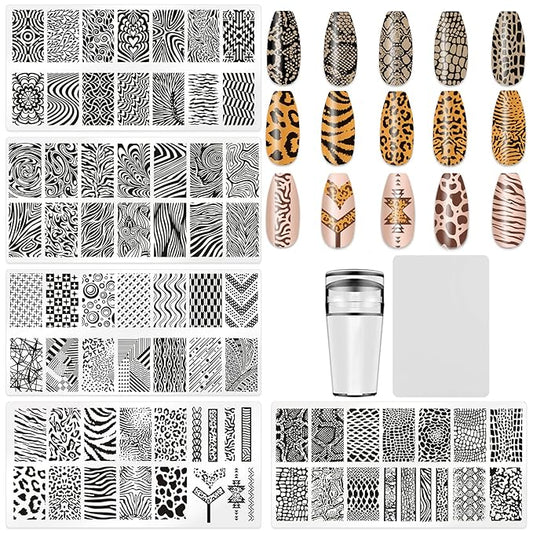 5Pcs Nail Stamping Plates Leopard Print Nail Stamps Nail Art Stamping Plates Nail Stencils Nail Plate Template Nail Art Stamping Kit Nails Accessories with 1 Nail Stamper, 1 Scraper