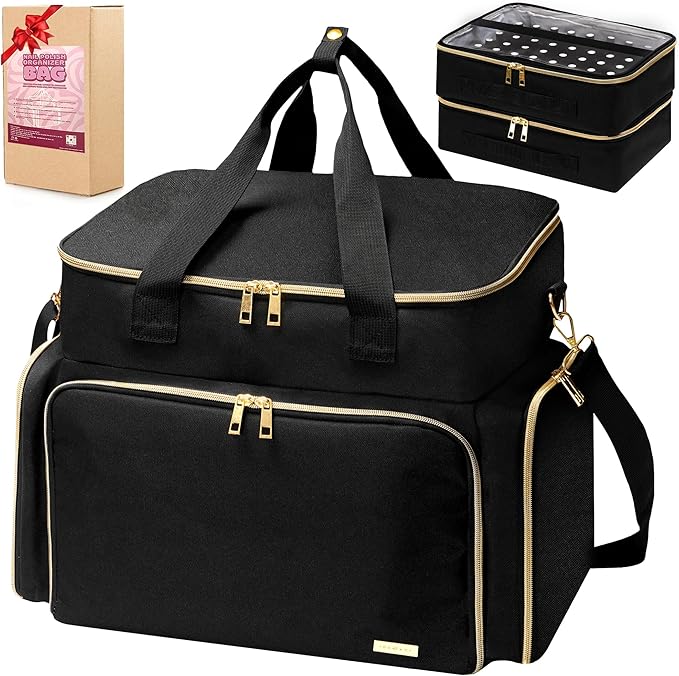 Nail Polish Organizer Case for 96 Bottles – Waterproof Travel Bag with Hard Bottom – Double Layer Nail Storage Bag with Adjustable Dividers & Nail Lamp Compartment – for Home or Salon Use