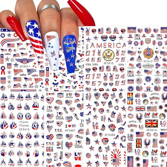 Patriotic 4th of July Nail Art Decals - 8 Sheets 3D Self-Adhesive Nail Stickers for Women