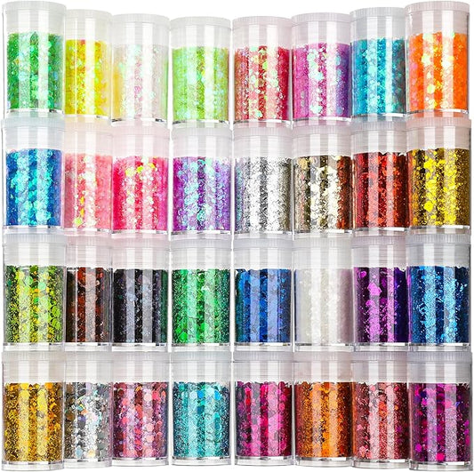 Festival Chunky and Fine Glitter Powder Mix, Teenitor 32 Colors Chunky Sequins, Iridescent Glitter Flakes, Cosmetic Face Body Eye Hair Nail Art Resin Tumbler Loose Glitter