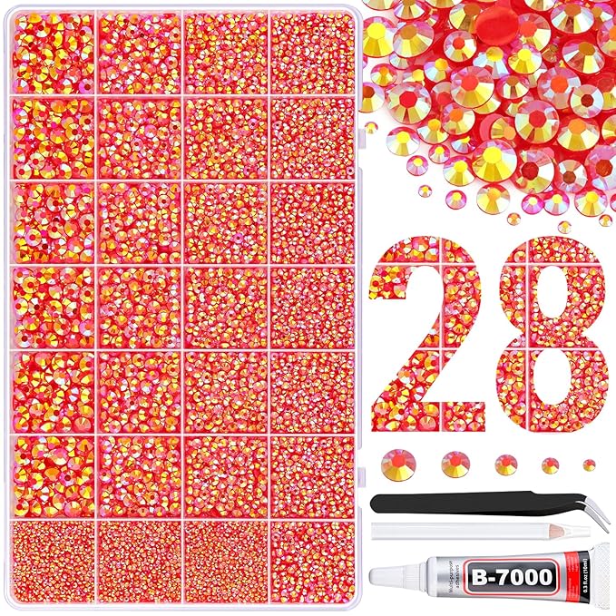 30000Pcs Resin Rhinestones for Bedazzling with Tweezers, Red AB Rhinestones for Crafting with B7000 Jewelry Glue for DIY Crafts Clothing Tumblers Shoes Fabric Nail Art