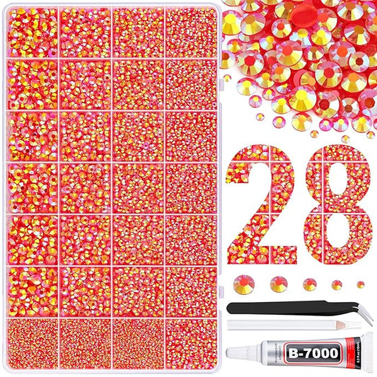 30000Pcs Resin Rhinestones for Bedazzling with Tweezers, Red AB Rhinestones for Crafting with B7000 Jewelry Glue for DIY Crafts Clothing Tumblers Shoes Fabric Nail Art