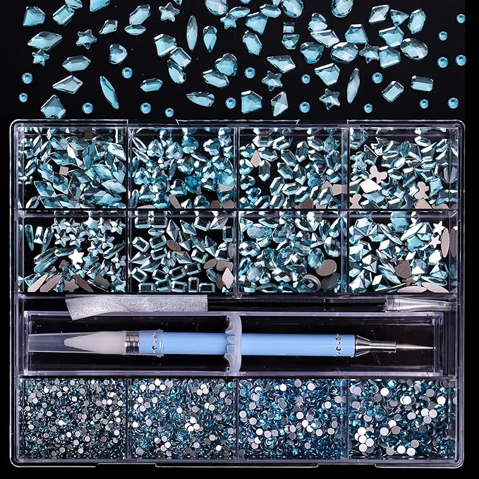 3320Pcs Lake Blue Nail Art Rhinestones Crystal,3D Rhinestones Gems Jewels Diamond,24 Types of 320 Diamonds + 3000 Round Beads, Crystals 3D Flat Back Gemstones for Nail DIY Crafts with Tweezers Pen