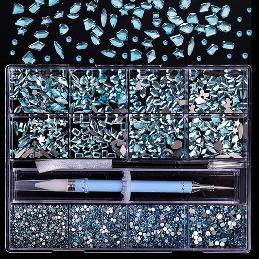 3320Pcs Lake Blue Nail Art Rhinestones Crystal,3D Rhinestones Gems Jewels Diamond,24 Types of 320 Diamonds + 3000 Round Beads, Crystals 3D Flat Back Gemstones for Nail DIY Crafts with Tweezers Pen