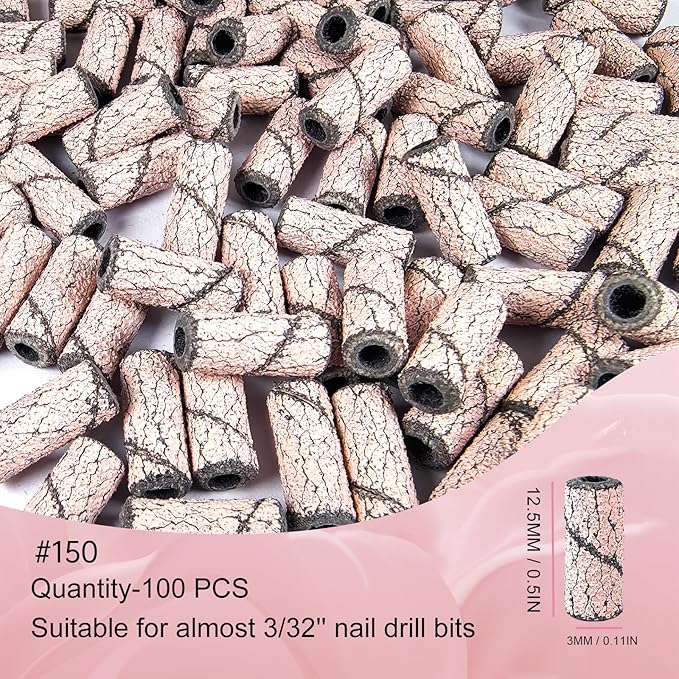 Sanding Bands for Nail Drill Nail Drill Bits Set, Corfulra Upgraded Small Sanding Bands with Mandrel Bit, 100 pcs 150 Fine Grits for Natural Nail, Nail Accessories of Nail Tech Must Haves, Pink