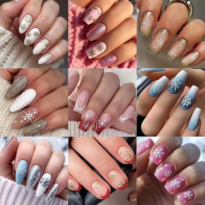 6 Sheets Christmas Nail Art Stickers 3D Self-Adhesive White Snowflake Nail Decals Winter Gold White Blue Snowflake French Nail Design Holiday DIY Manicure Decoration Supplies Accessories for Women