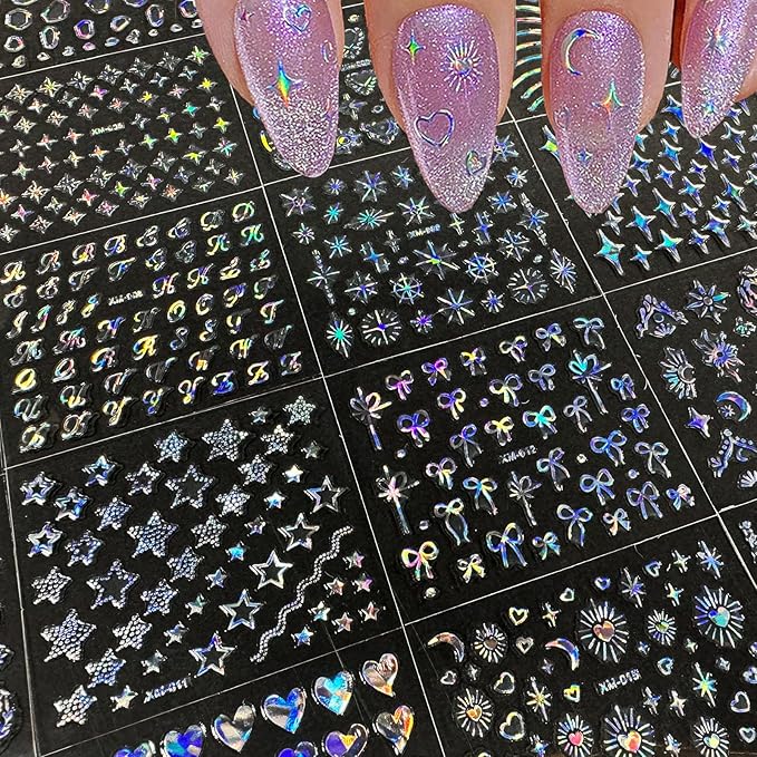 30 Sheets Star Nail Sticker Aurora Nail Art Stickers Moon Bow Heart Letter Design 3D Self-Adhesive Nail Decals for Women Girls DIY Nail Art Decoration