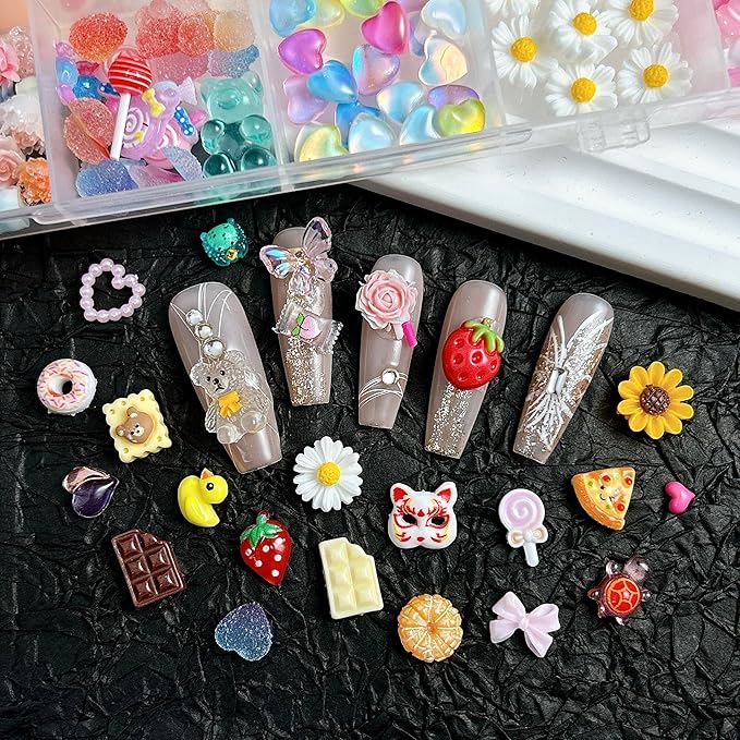 3D Resin Strawberry Nail Charms, Mixture Color Candy Lollipop Bow Heart Nail Art Charms, Cute Flower Daisy Charms for Nails Designs Manicure Accessories DIY Craft