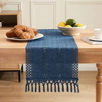 Macrame Style Boho Table Runner, 12x48 Inch Dusty Blue | Woven Boho Table Runner - Image 2