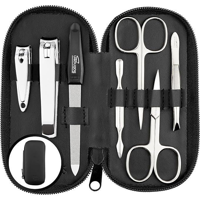Manicure Set Solingen Made in Germany - 7 Piece Exclusive Finger & Toe Nail Clippers Kit for Women and Men in Real Leather Case, Color Black