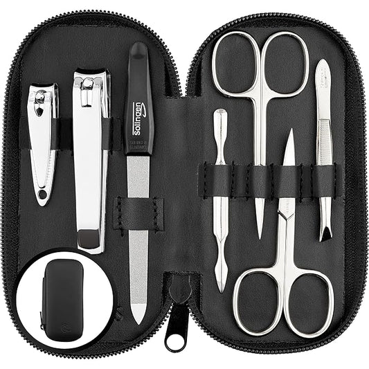 Manicure Set Solingen Made in Germany - 7 Piece Exclusive Finger & Toe Nail Clippers Kit for Women and Men in Real Leather Case, Color Black