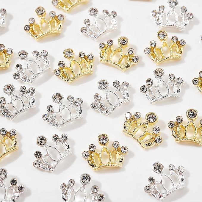 24pcs Metal Crown Nail Charms Shiny Gold Silver Nail Rhinestones Hollow Out Crown Nail Gem Exquisite Luxury Crown Nail Design Crystal Crown Nail Jewels Nail Decorations for Nail Art DIY Nail Supplies
