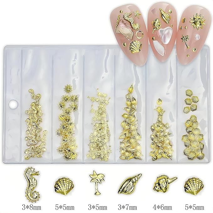 400Pcs Alloy Gold Silver Shell Starfish Nail Charms 3D Ocean Theme Nail Rhinestones Metal Beach Starfish Conch Seashell Nail Nails Gems Crystal Nail Jewels Supplies for Women DIY Manicure Accessories