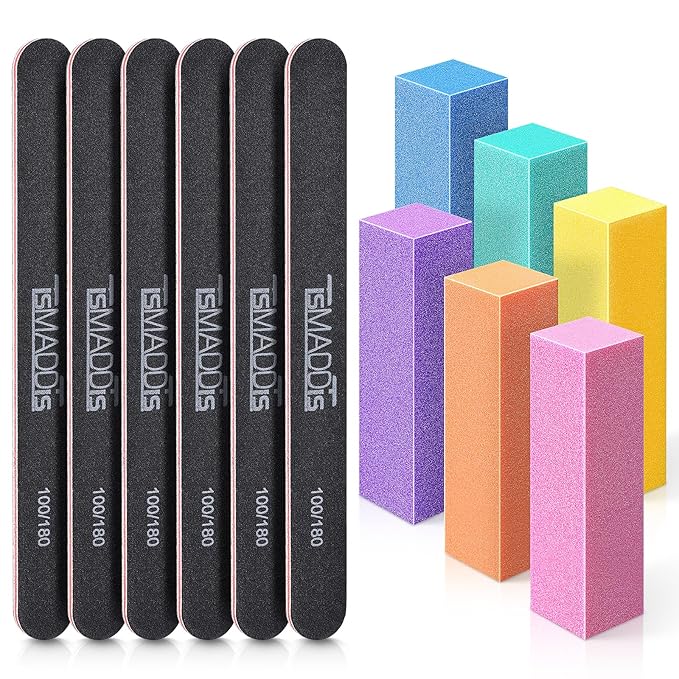 TsMADDTs Nail Files and Buffers, Professional Manicure Tools Kit Rectangular Art Care Buffer Block Tools 100 180 Grit 12PCS(Black)