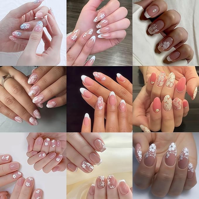Flower Nail Stickers 3D Self-Adhesive Cute White Cherry Blossoms Decals Spring and Summer Leaves Flowers Design Supplies for Woman Girls DIY Manicure Decorations 8 Sheets