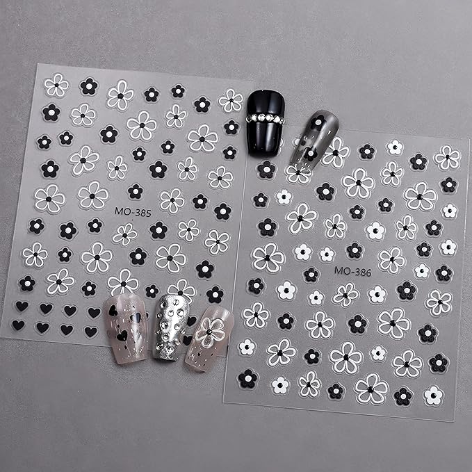 4 Sheets Embossed Flower Nail Art Stickers Flower Nail Decals 5D Self Adhesive Black and White Floral Nails Design Stickers Jelly Nail Supplies for Women and Girls Acrylic Manicure Decoration
