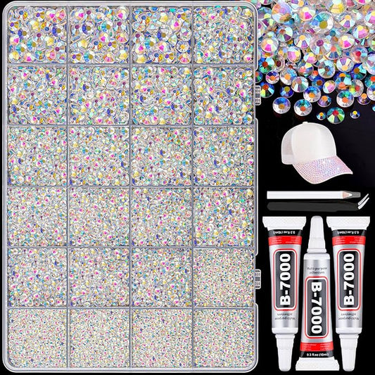 25000Pcs Resin Rhinestones with B7000 Jewelry Glue for Crafting, Transparent AB 2-6mm Non Hotfix Flatback Gems, Bedazzling Crystal for DIY Crafts Clothing Tumblers Mugs Shoes Fabric Decor Nail Art